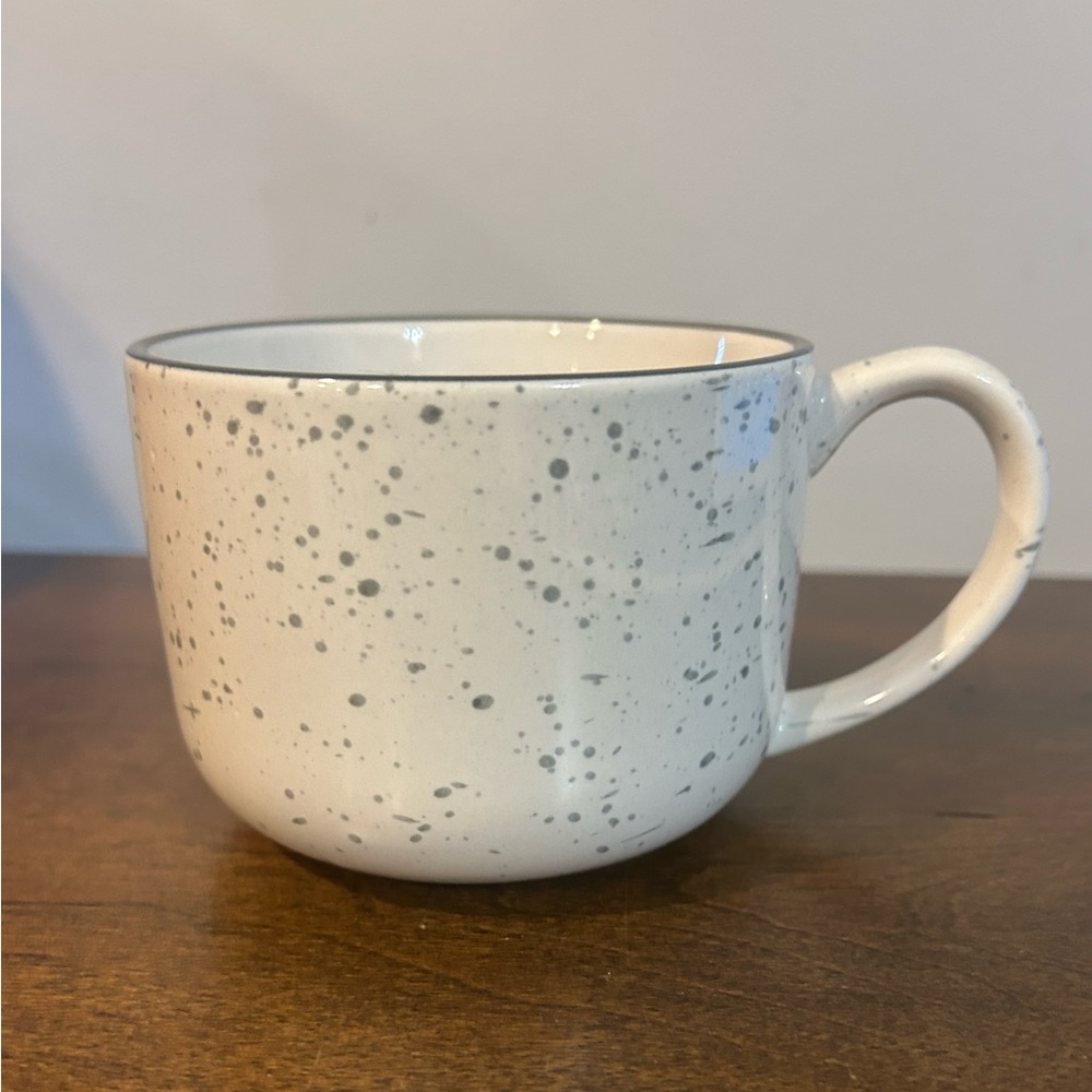 IKEA 14 Ounce Ceramic Mug White with Blue Specles & Blue Rim Trim Pristine Shape
